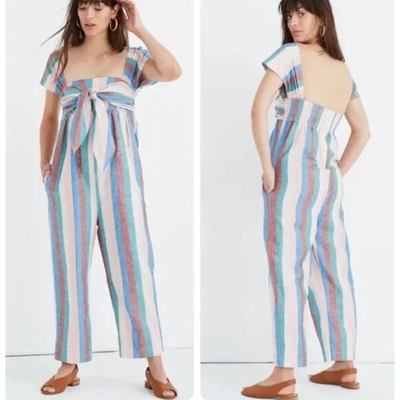 Madewell Cap-Sleeve Tie Linen Wide Leg Jumpsuit Flagstaff Stripe Circus Pink 2 - Picture 1 of 4